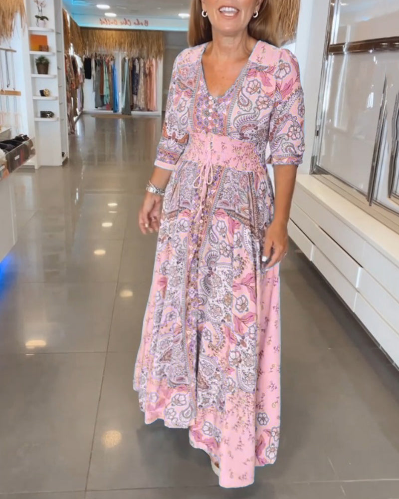 Robe maxi femme imprimée avec col V et taille ajustable