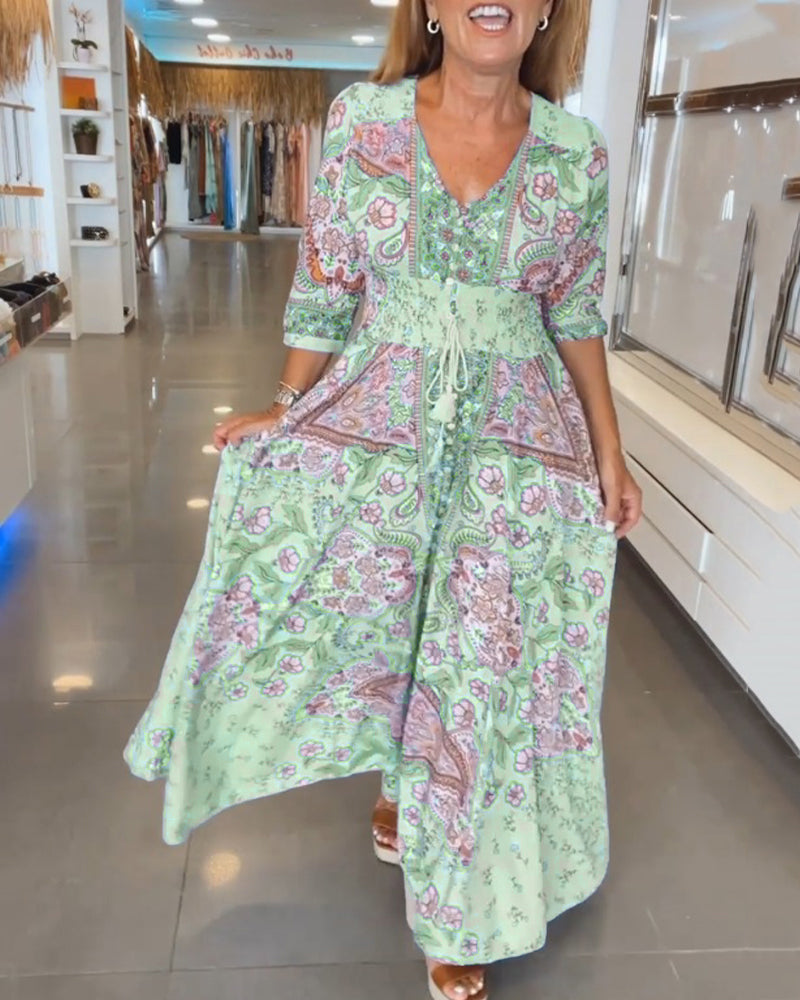 Robe maxi femme imprimée avec col V et taille ajustable