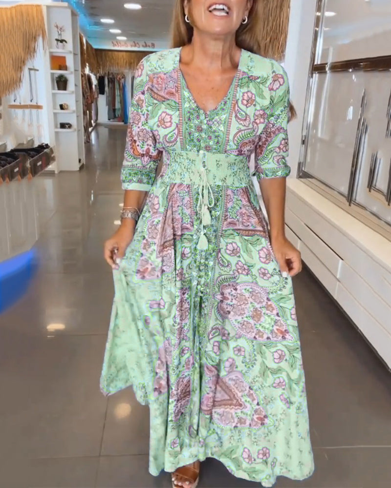 Robe maxi femme imprimée avec col V et taille ajustable