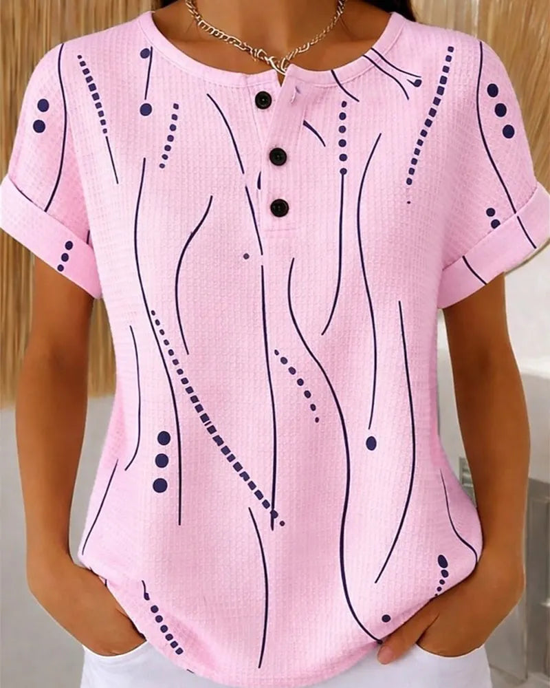 T-shirt femme imprimé à manches courtes avec boutons