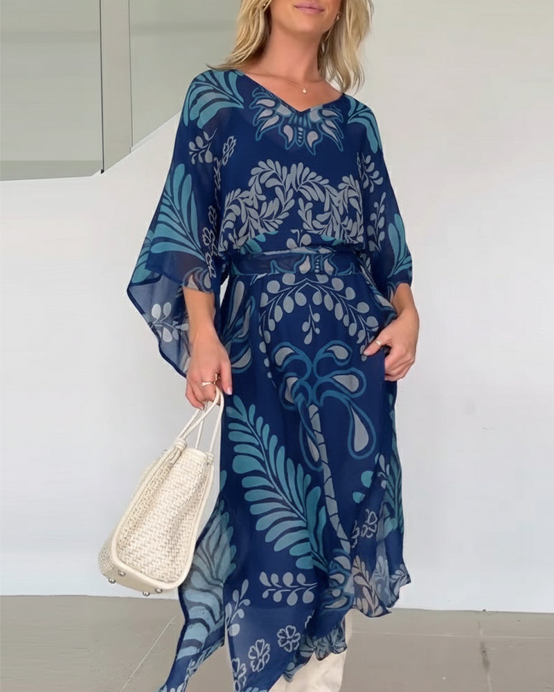Robe Maxi Bohème Femme Col V Imprimé Feuilles Élégant