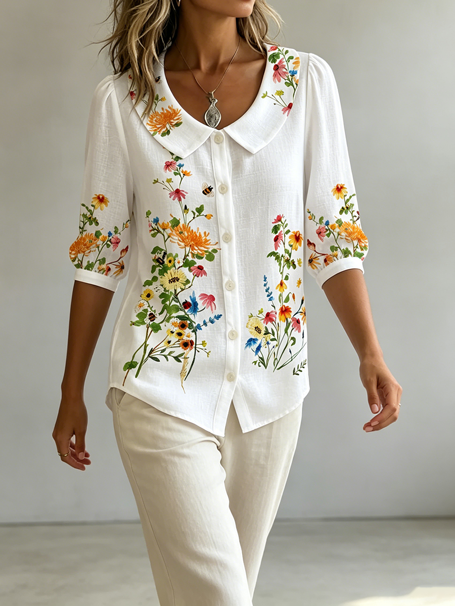 Blouse Femme Fleurie Coton Lin Style Vintage Élégant