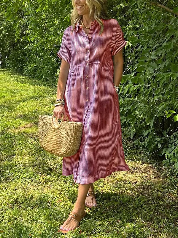Robe Chemise Rayée Longue Coupe Fluide Avec Boutonnage Confort Quotidien