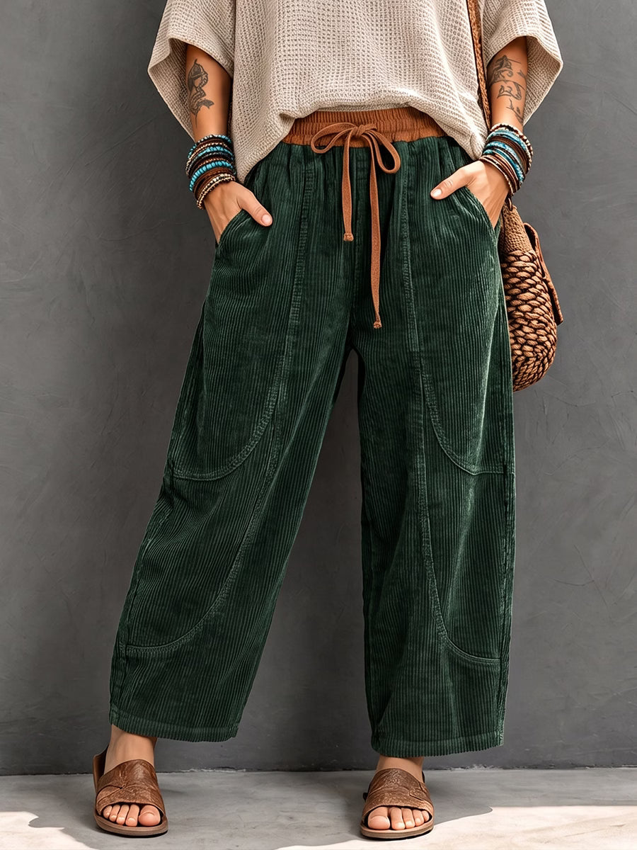 Pantalon harem femme en velours côtelé à taille élastique