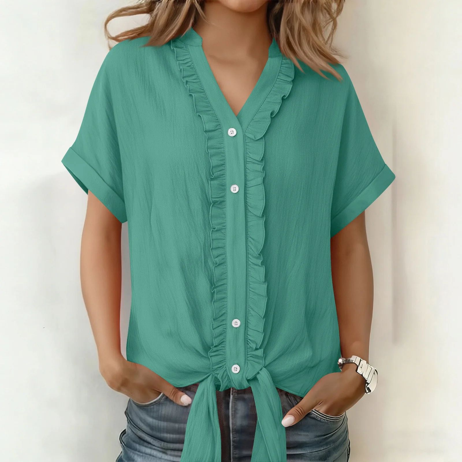 Blouse Femme Coton Col V Boutonnée Coupe Fluide Été
