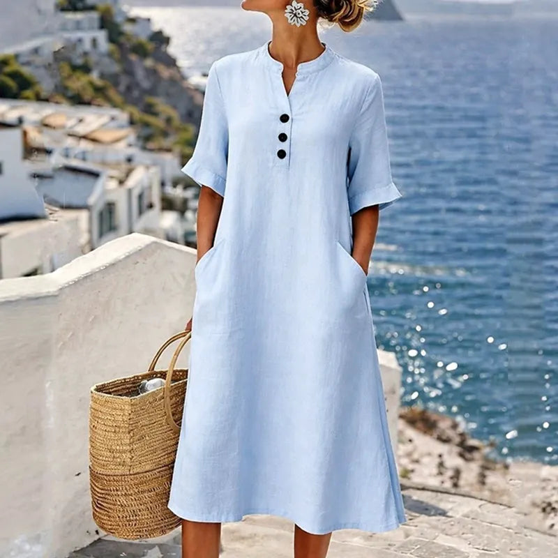 Robe midi femme coton-lin avec boutons et poches