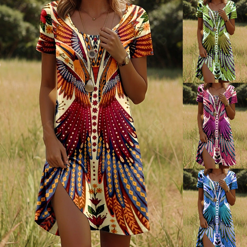Robe Courte à Imprimé Ethnique Coupe Légère à Manches Courtes