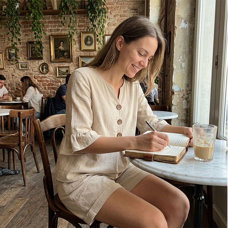 Ensemble femme en coton avec blouse à boutons et short