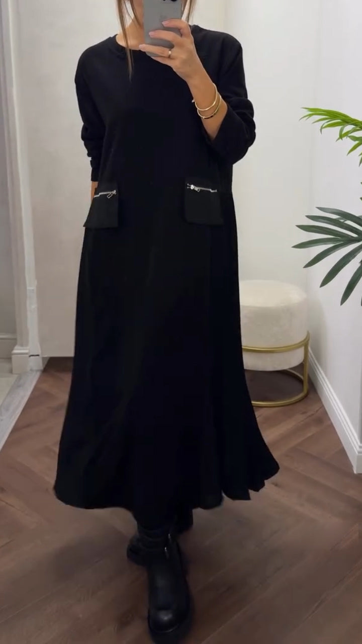 Robe Femme Plissée Col Rond Coupe Fluide Tissu Confortable Avec Poches Quotidien