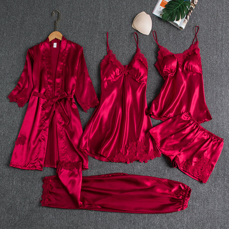 Elyssara™ - Ensemble De Nuit En Satin Glacé 5 Pièces Pour Femme
