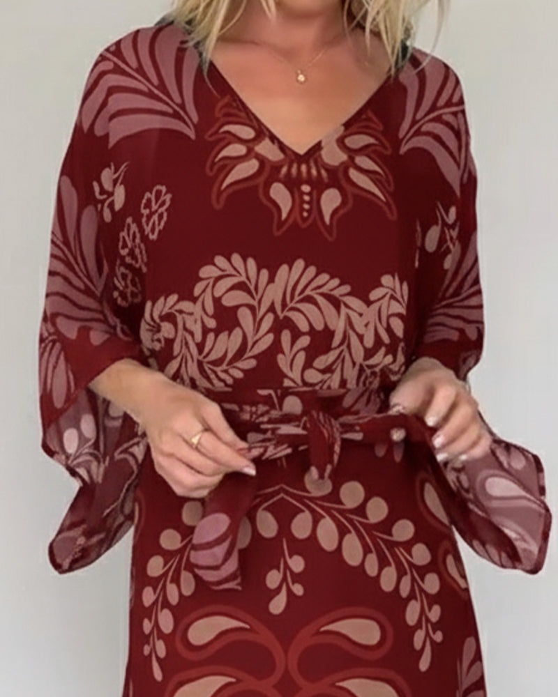 Robe Maxi Bohème Femme Col V Imprimé Feuilles Élégant