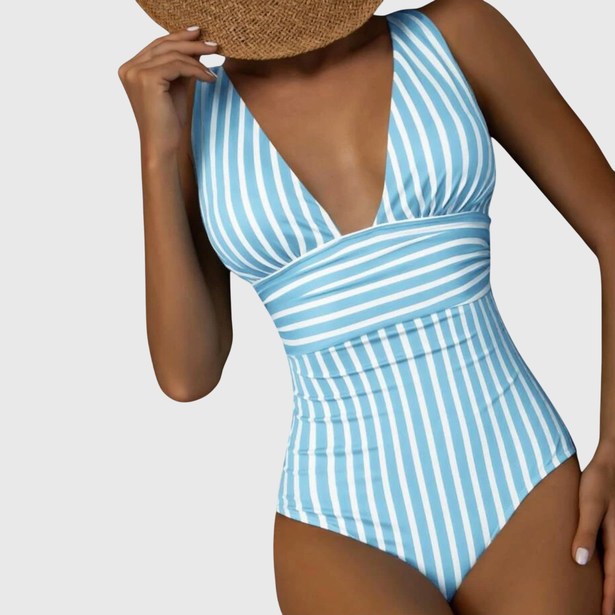 Maillot de bain une pièce femme col V plongeant rayures ceinture croisée gainant