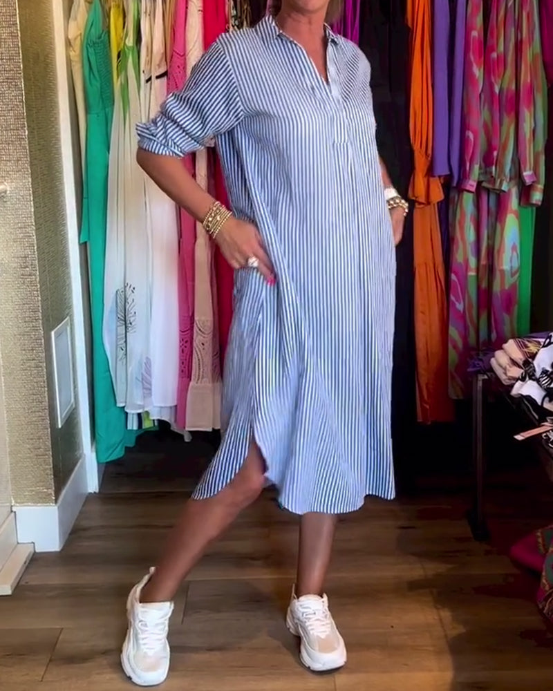 Robe femme chemise rayée fluide col revers manches longues élégante casual
