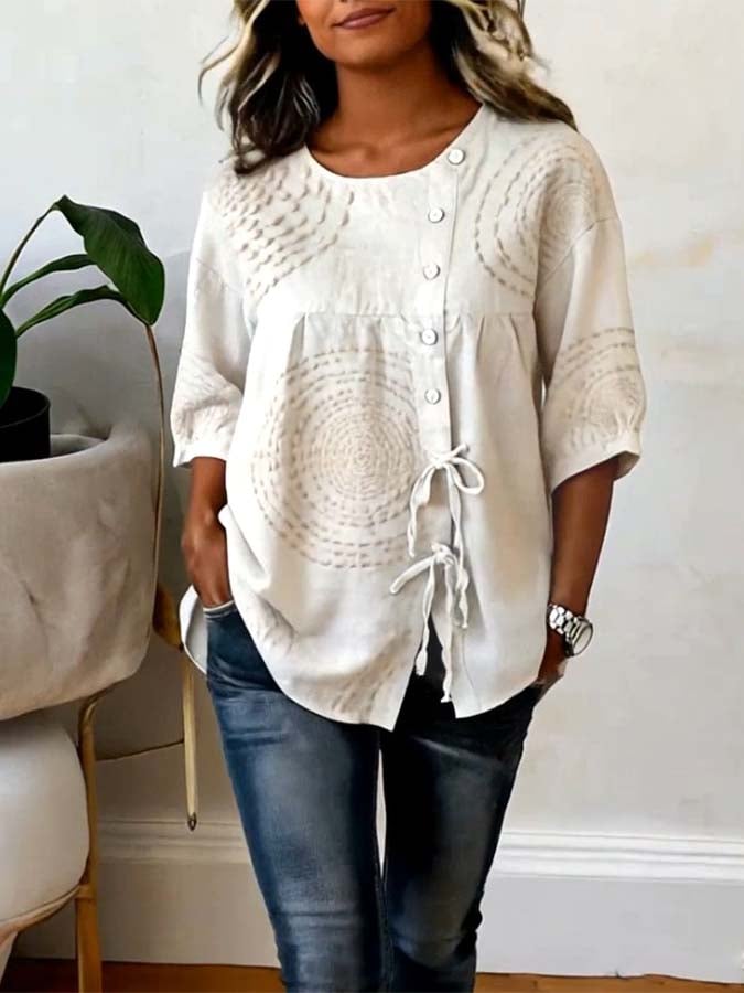 Chemise Femme Décontractée Imprimé Texturé Boutons Asymétriques Style Naturel Chic