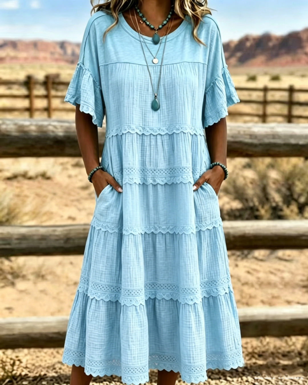 Robe femme midi en coton et lin avec volants délicats