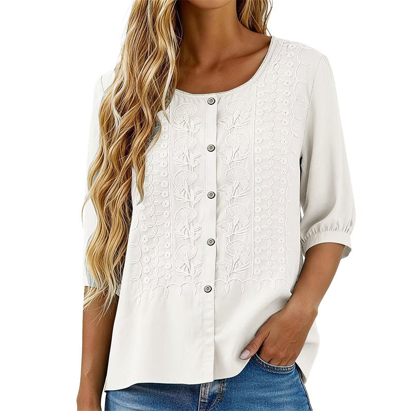 Blouse femme en coton et lin brodée à manches 3/4