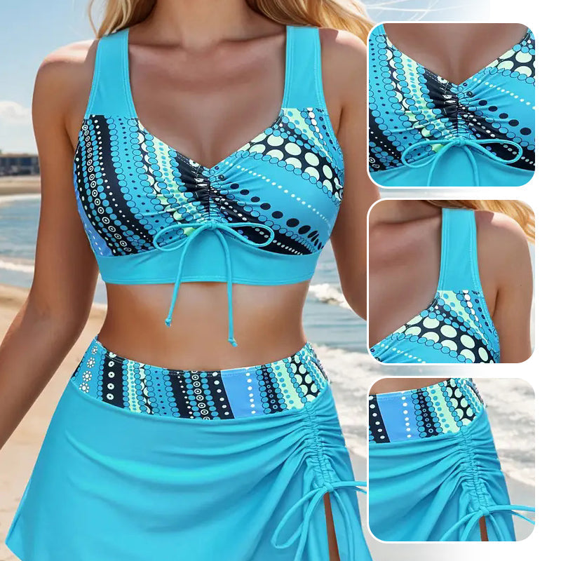 Maillot de bain femme trois pièces imprimé avec jupe ajustable