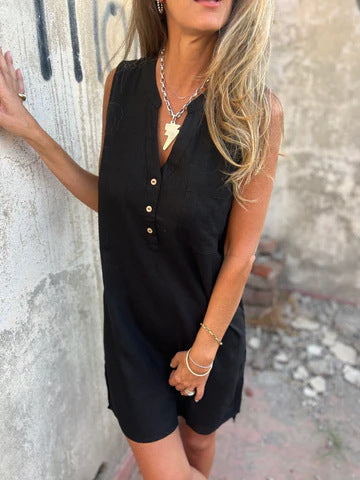 Robe Femme Coton Lin Coupe Ajustée Col V Boutons Style Décontracté