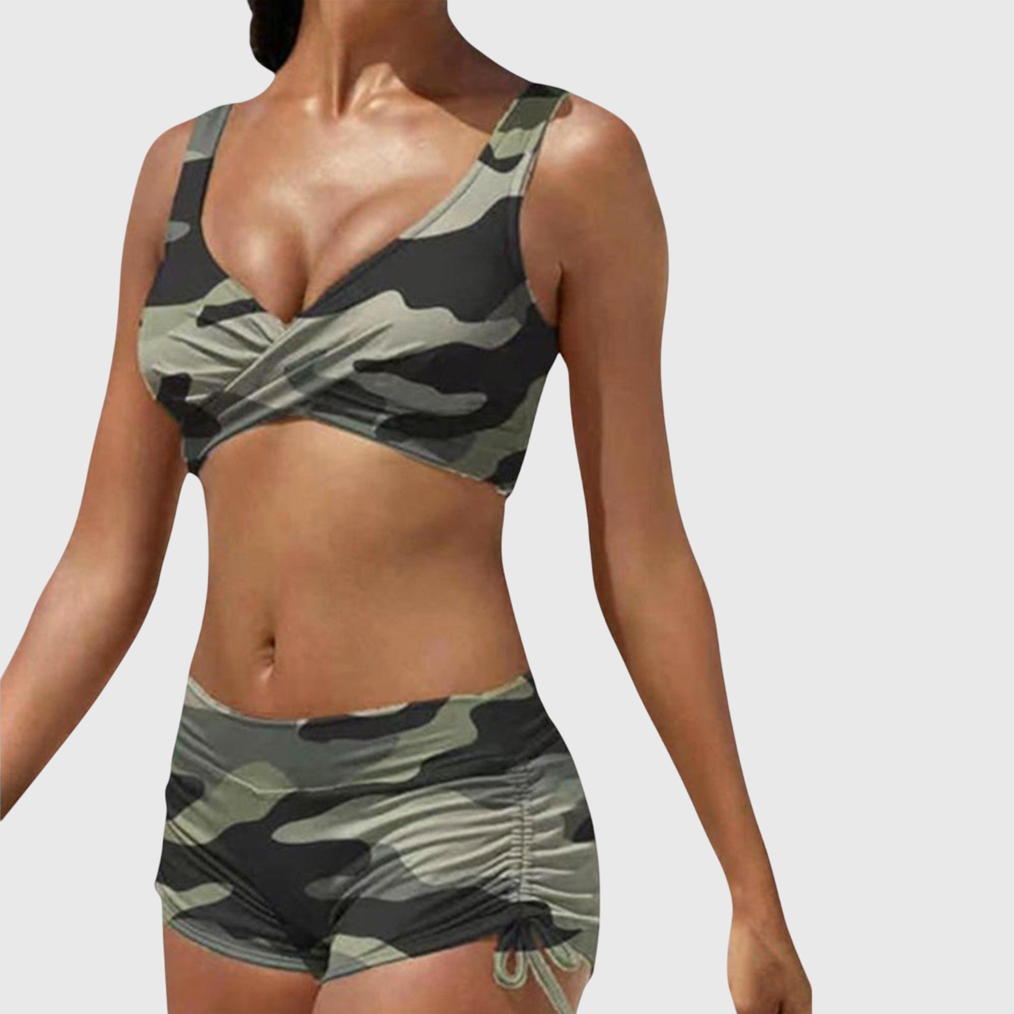 Bikini femme camouflage deux pièces crop top torsadé short froncé ajustable