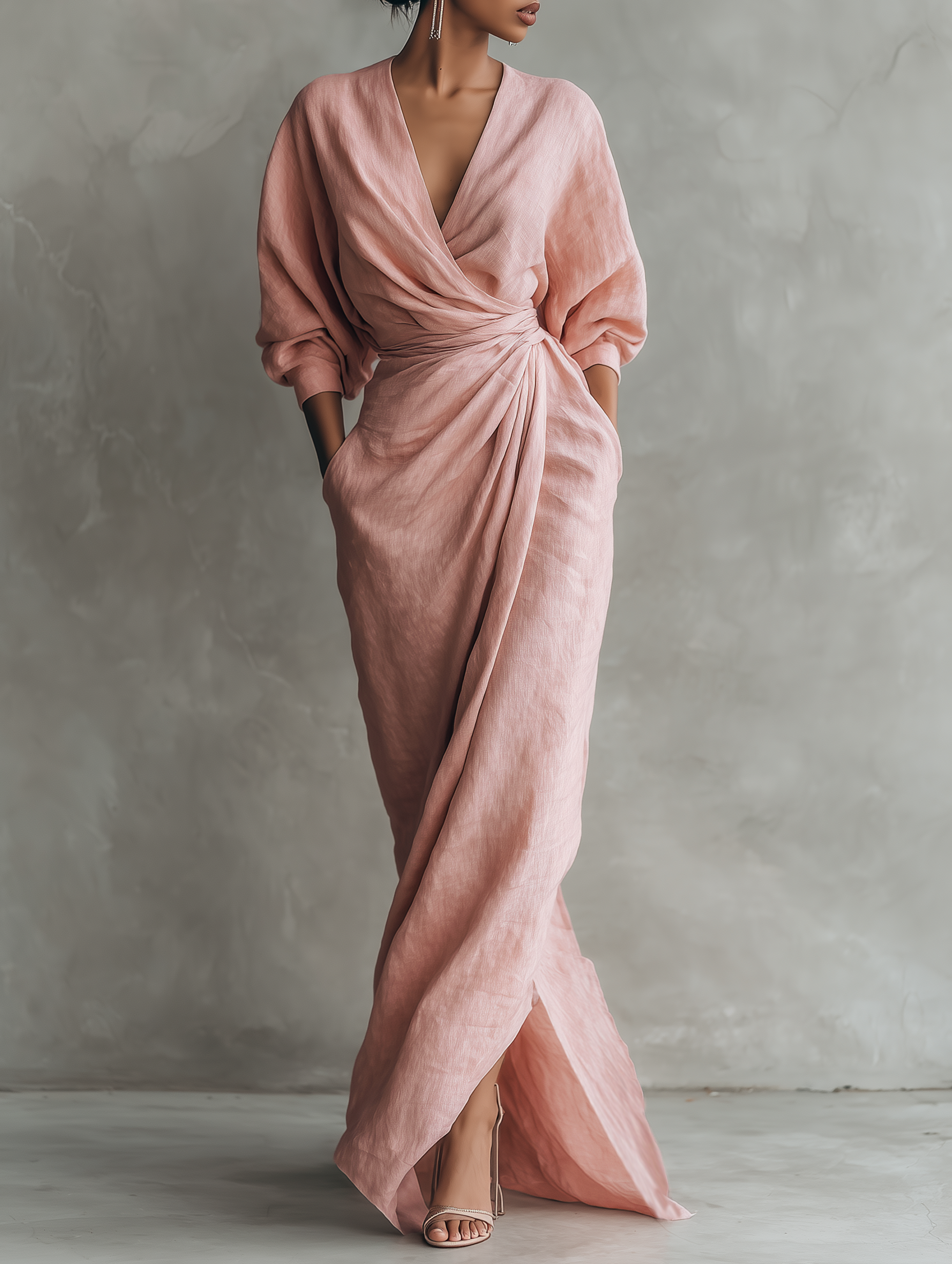 Robe Maxi Femme Élégante en Lin avec Drapé Croisé