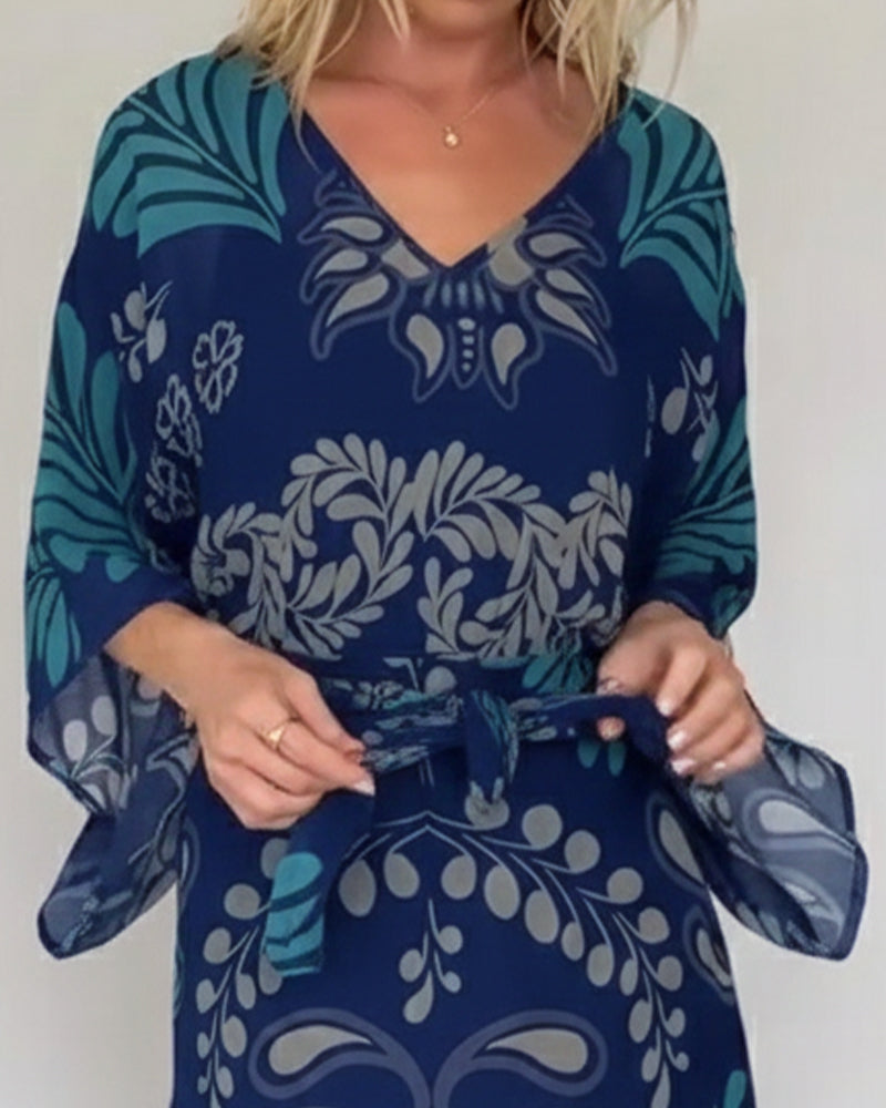 Robe Maxi Bohème Femme Col V Imprimé Feuilles Élégant