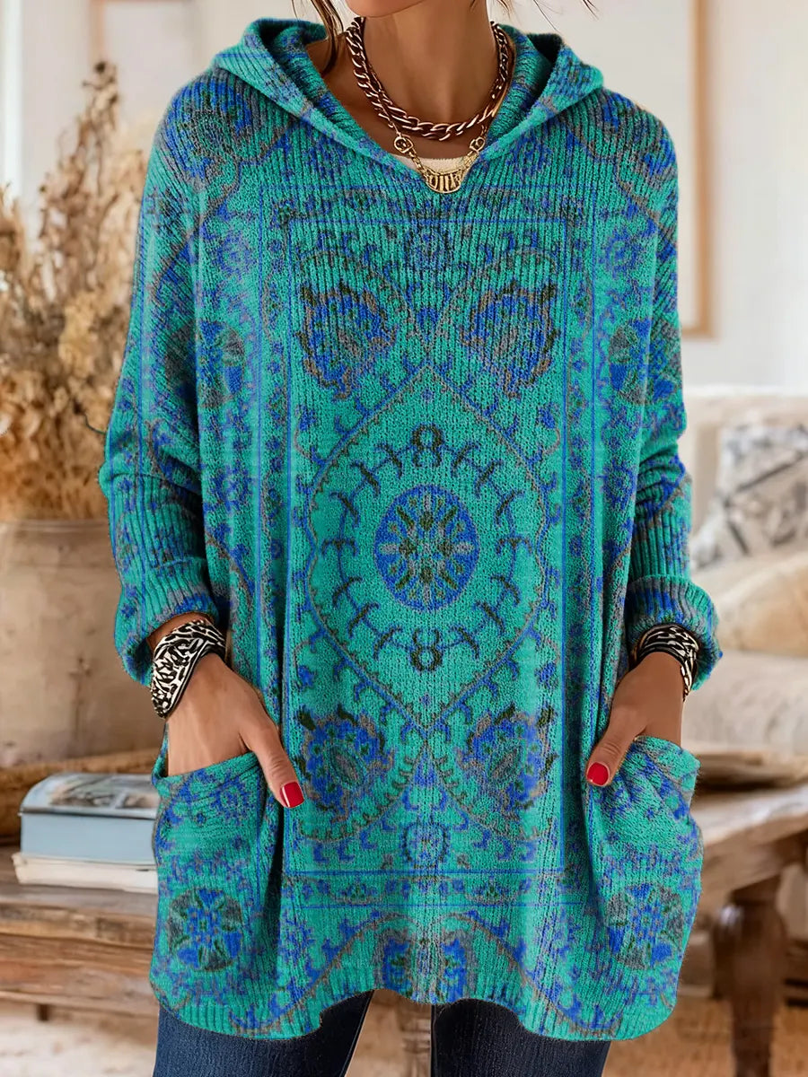 Tunique Femme Tricot à Capuche Style Rétro Ample Confortable Avec Poches