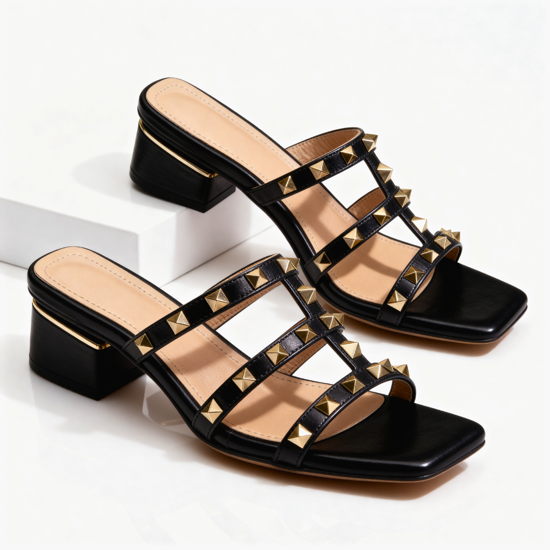 Sandales Femme Cloutées Talon Bloc Bout Carré Style Élégant Moderne