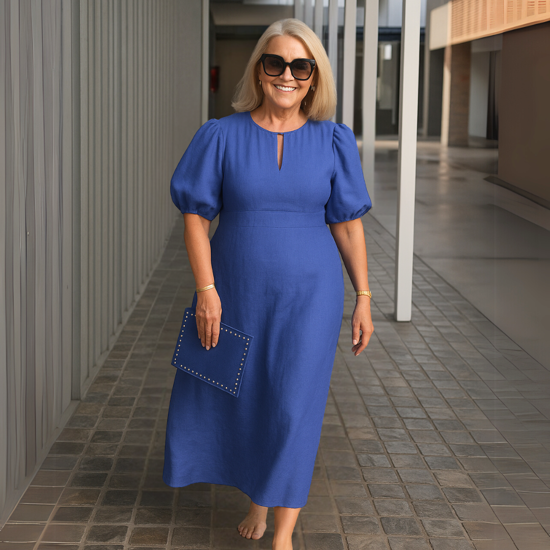 Robe Femme Midi Élégante Col V Manches Bouffantes Fluide Chic