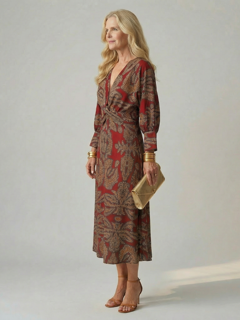 Robe Femme Midi Croisée Imprimée Taille Cintrée Élégante