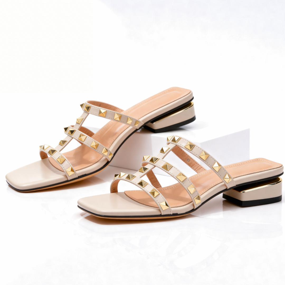 Sandales Femme Cloutées Talon Bloc Bout Carré Style Élégant Moderne