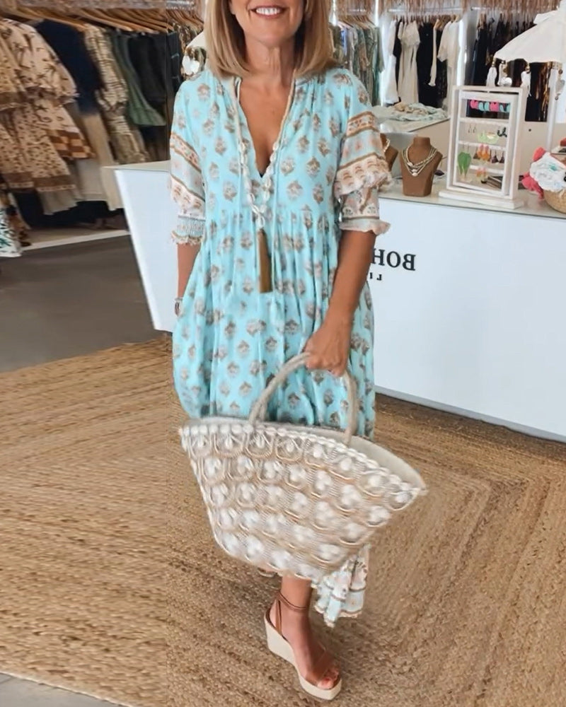 Robe femme midi fluide imprimée col V manches lanterne ample décontractée