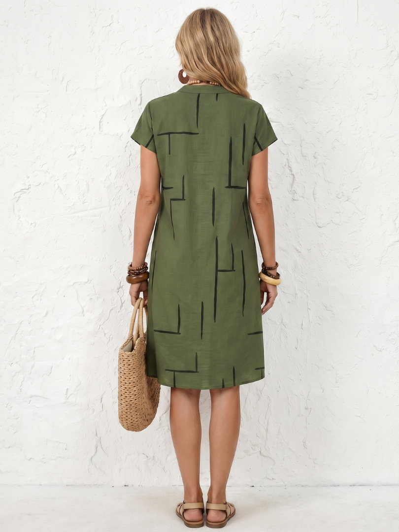 Robe Midi Femme Coton Lin Imprimé Géométrique Manches Courtes Décontractée