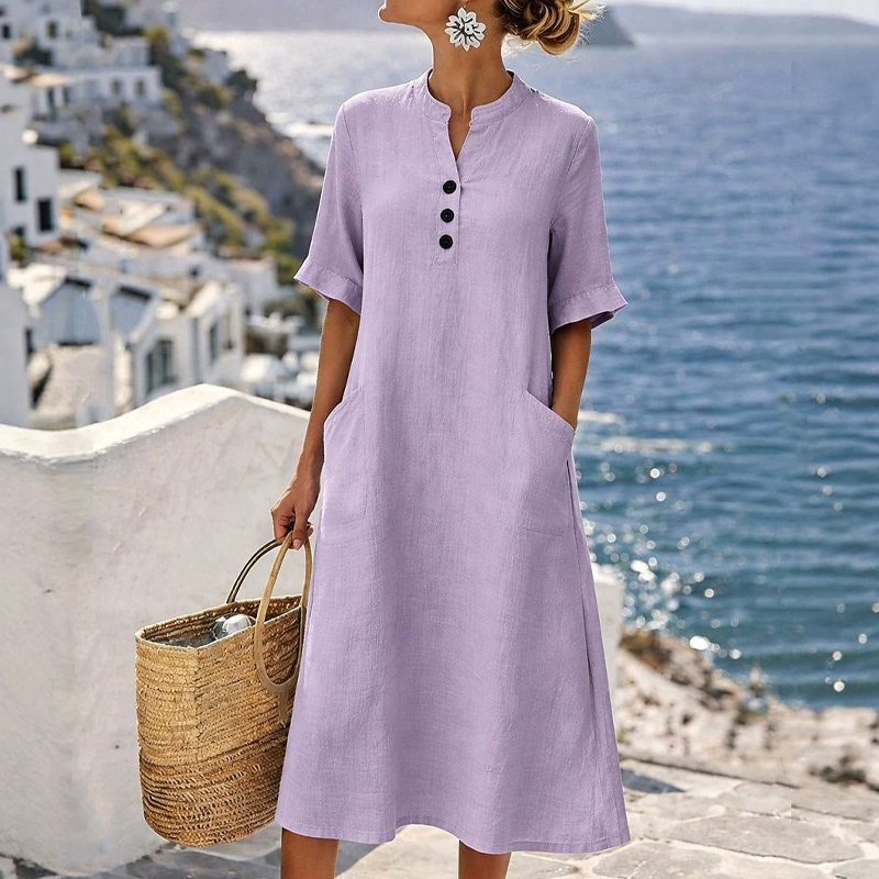 Robe midi femme coton-lin avec boutons et poches