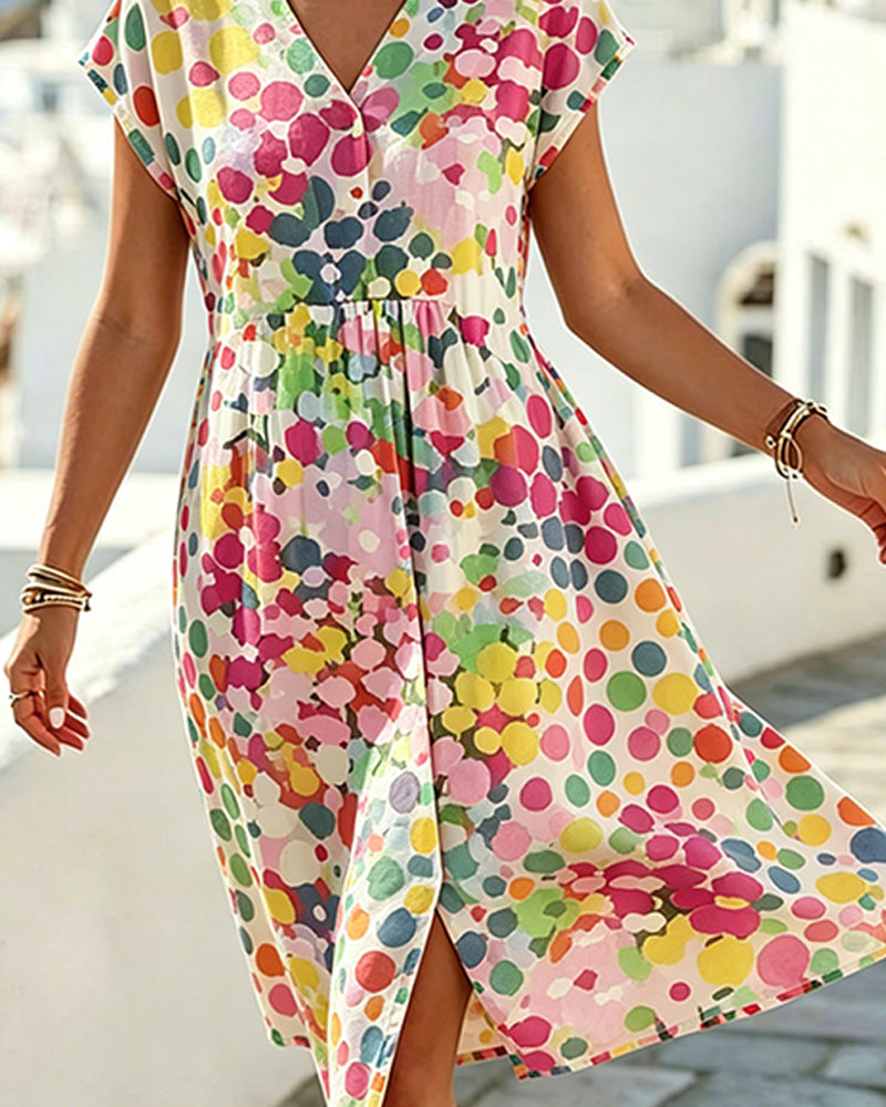 Robe féminine à pois colorés et décolleté en V fluide