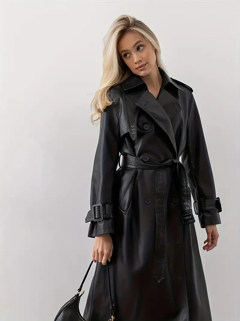 Trench-coat Long Femme Effet Cuir Ceinturé Coupe Élégante Mi-Saison