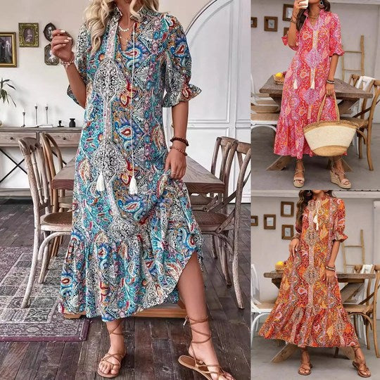 Robe bohème femme à imprimé cachemire et col V à pompons