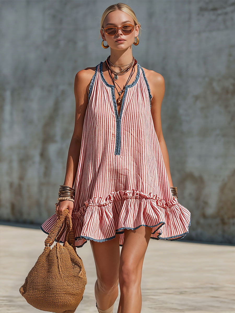 Robe mini femme rayée à col halter avec volants