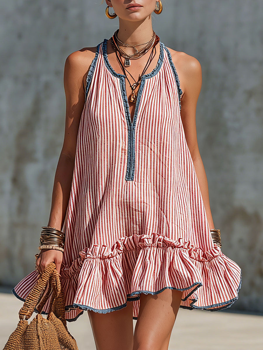 Robe mini femme rayée à col halter avec volants
