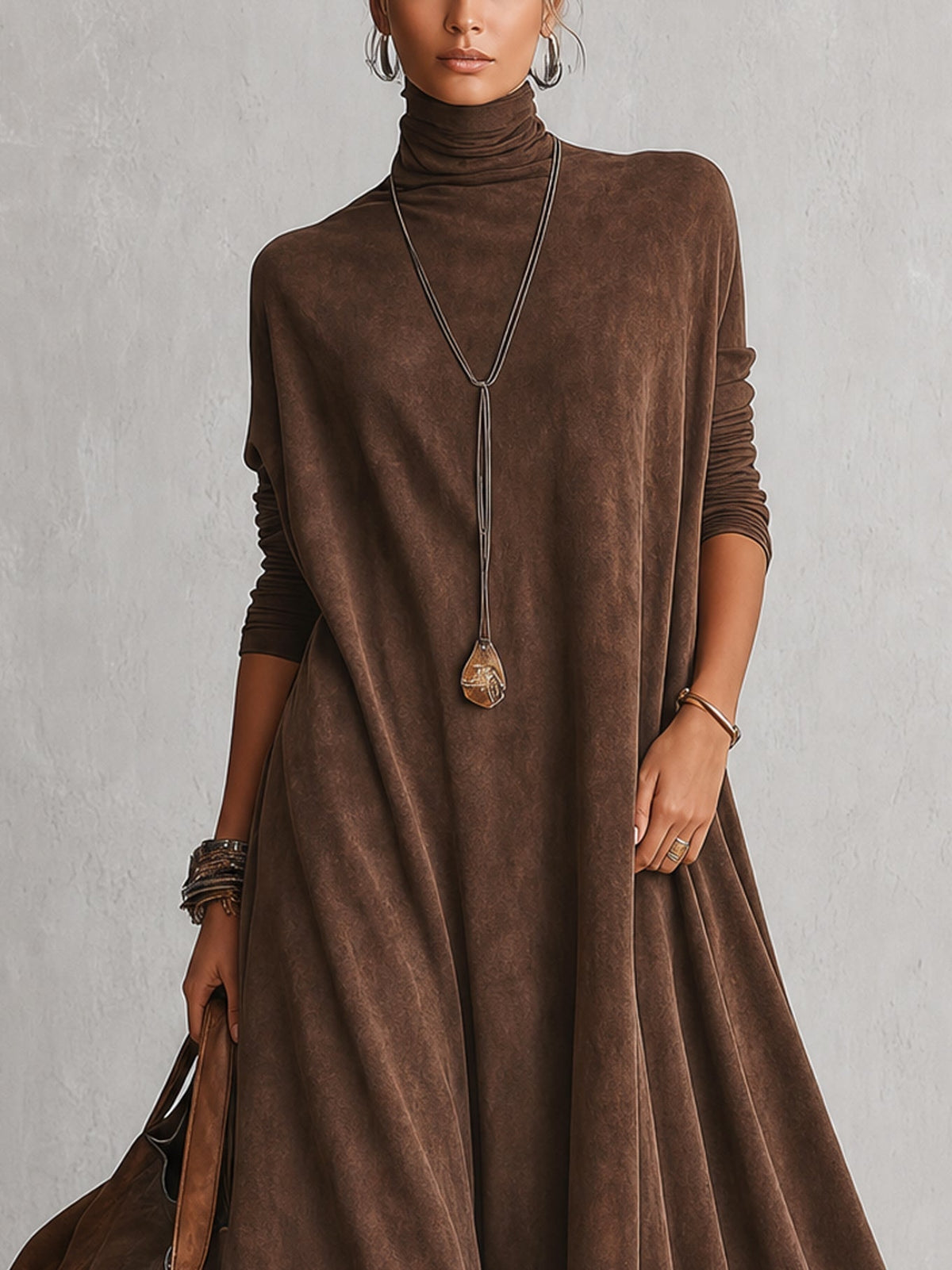 Robe longue femme effet suédé avec dentelle
