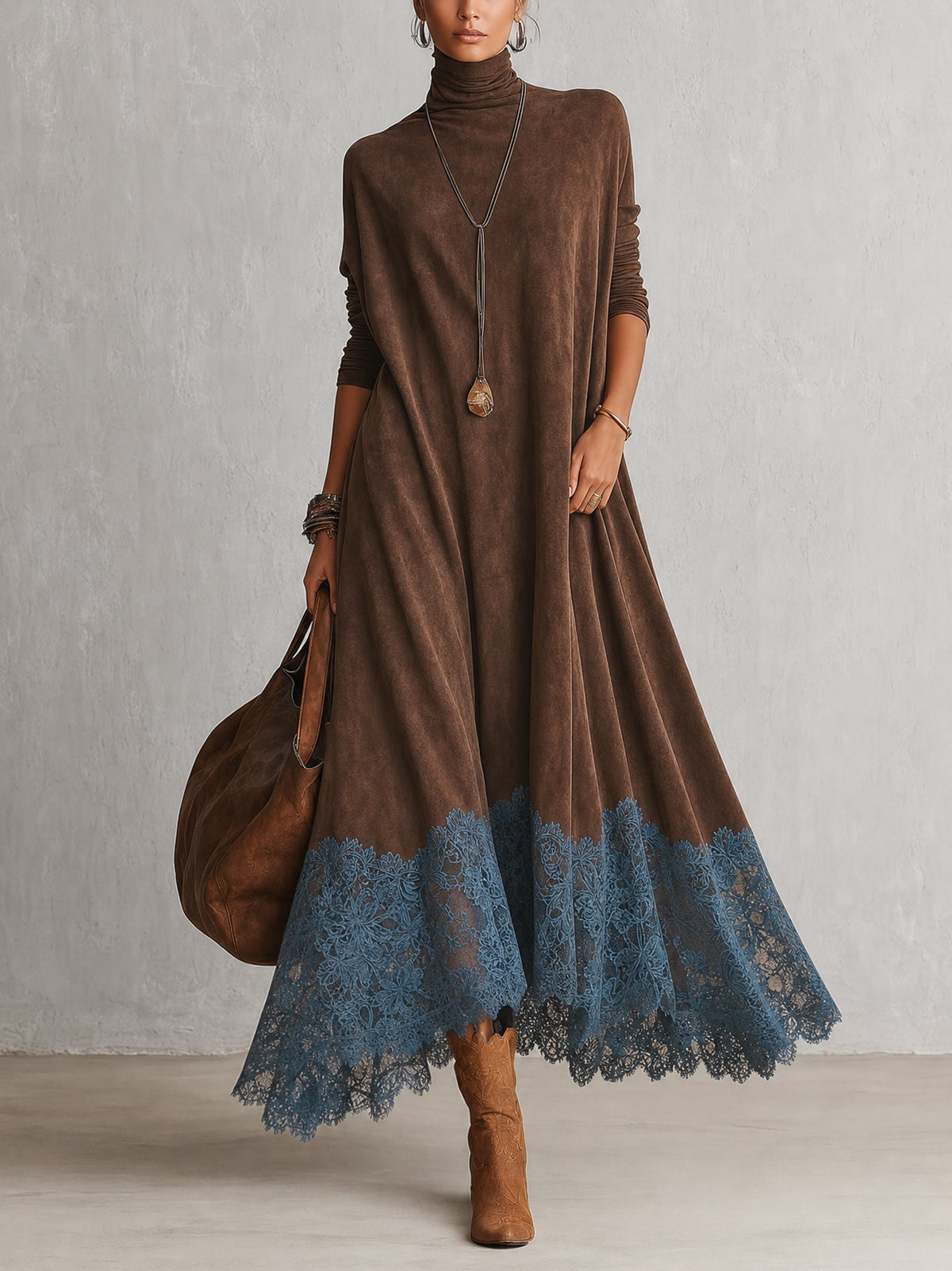 Robe longue femme effet suédé avec dentelle
