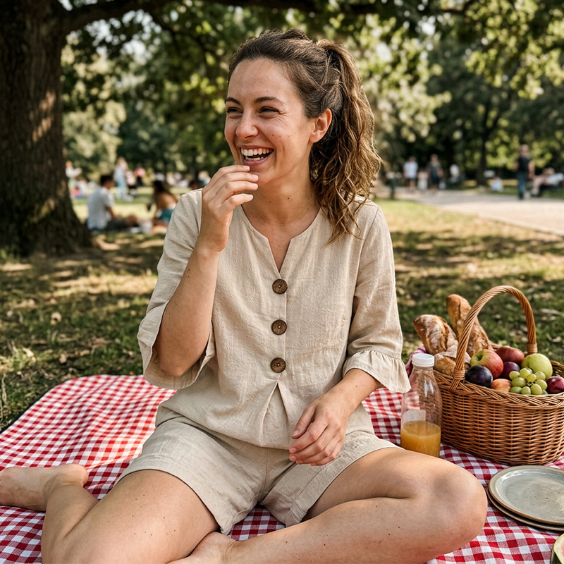 Ensemble femme en coton avec blouse à boutons et short