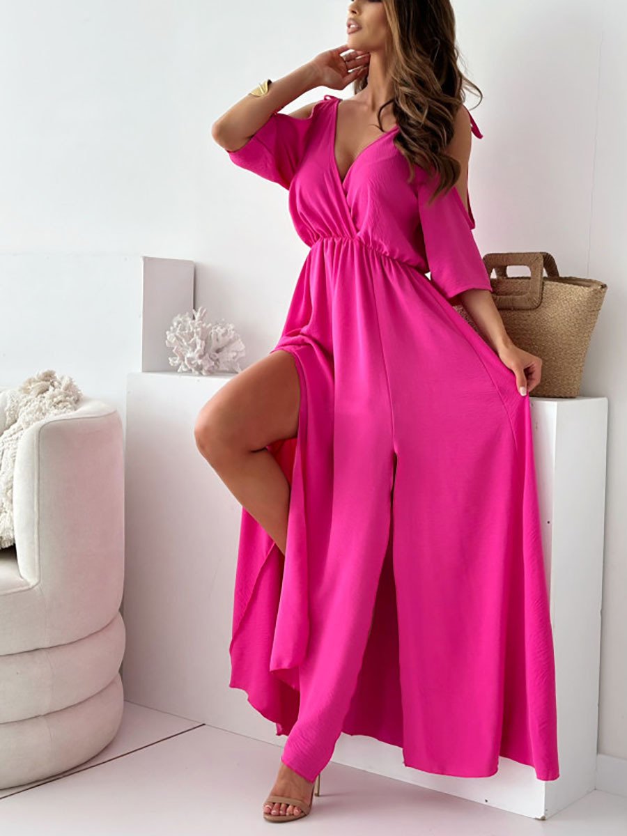 Robe longue femme à épaules dénudées avec fente élégante et col cache-cœur