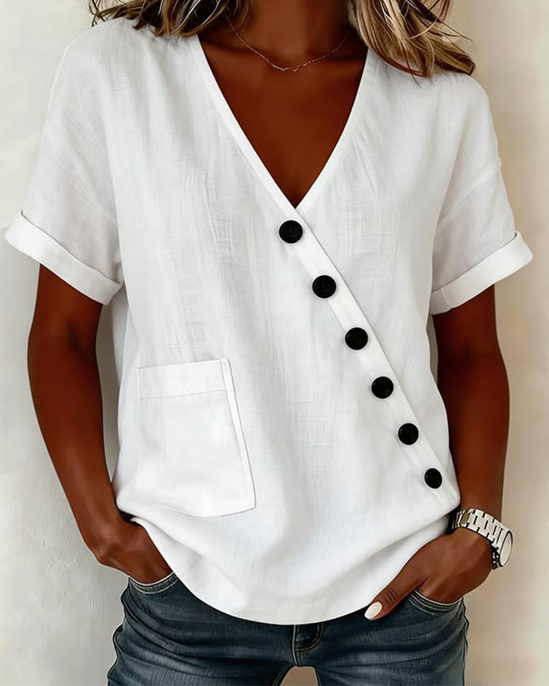 Top en coton pour femme avec décolleté en V et boutons obliques