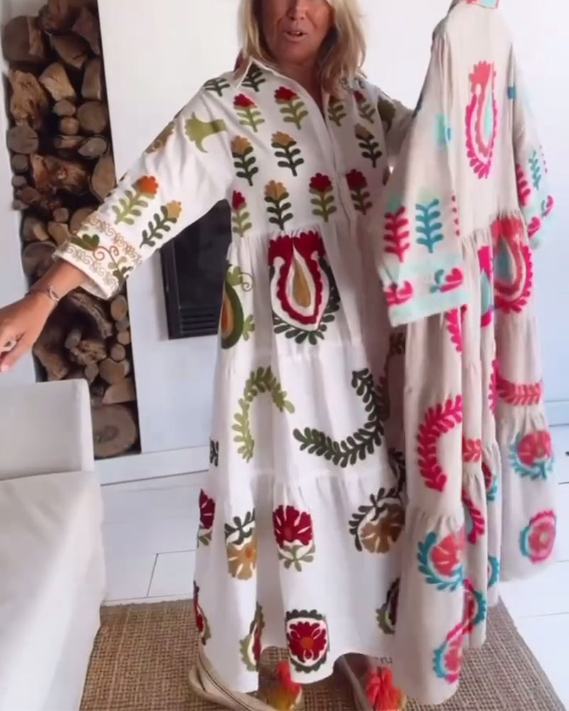 Robe Midi Ample à Motif Floral Stylisé
