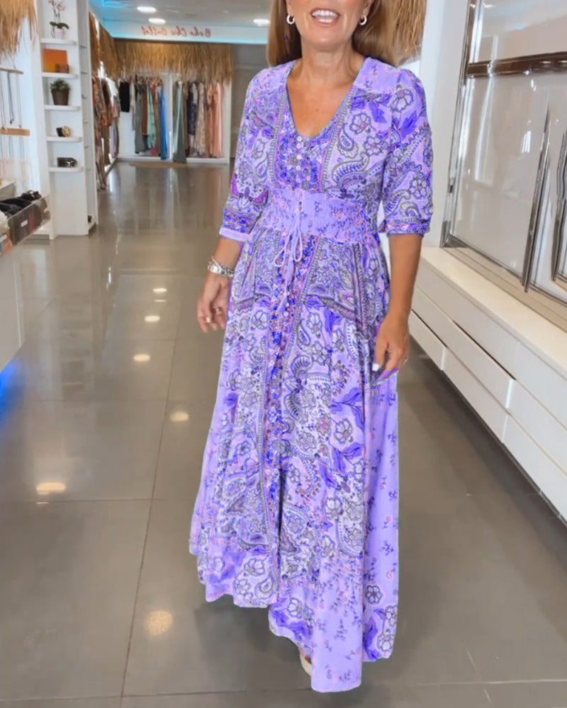 Robe maxi femme imprimée avec col V et taille ajustable