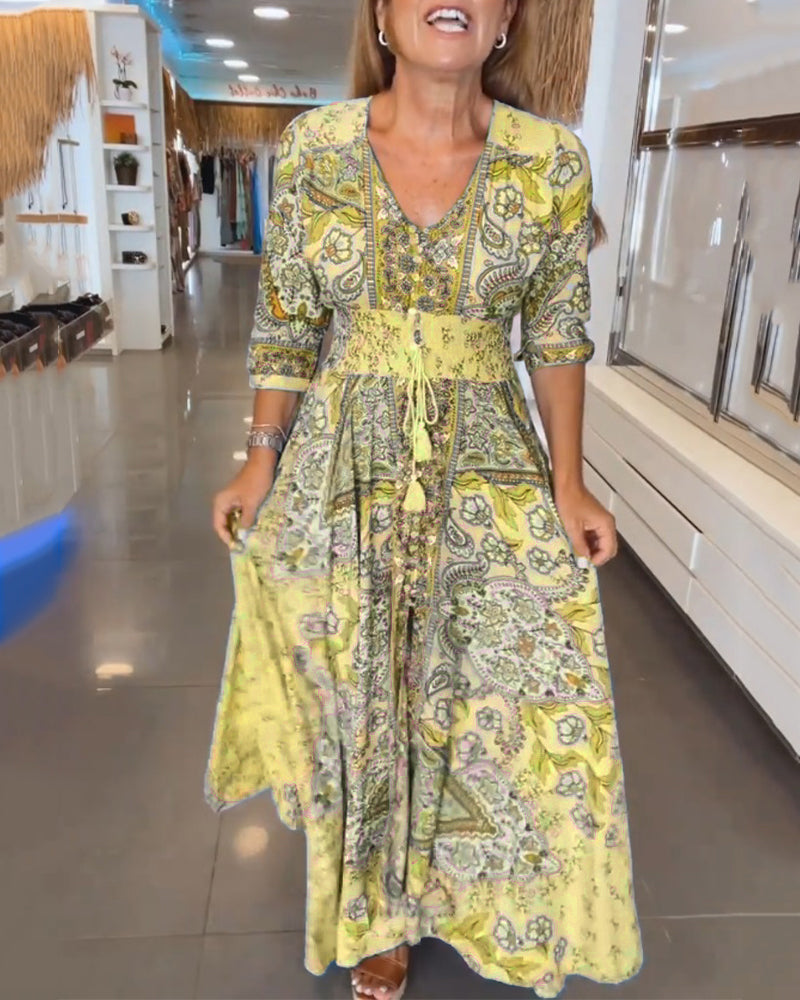 Robe maxi femme imprimée avec col V et taille ajustable