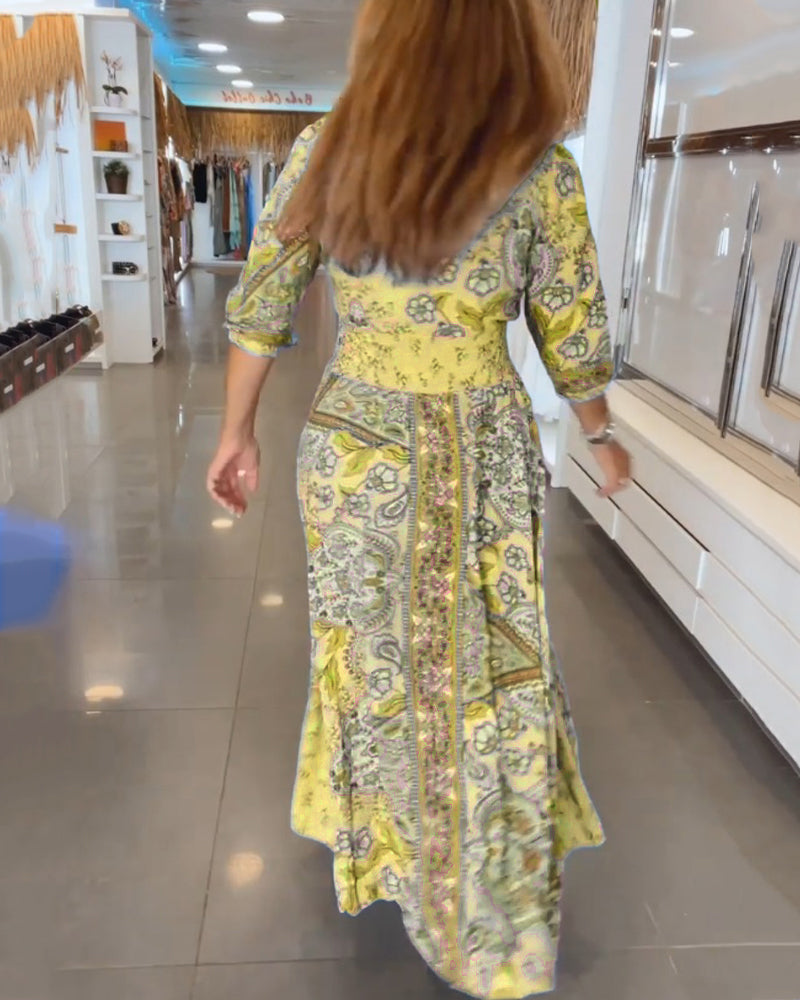 Robe maxi femme imprimée avec col V et taille ajustable