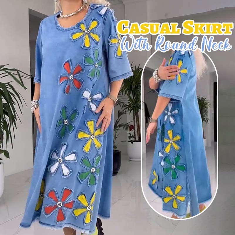 Robe Femme Décontractée Coupe Ample Col Rond Imprimé Floral Style Casual