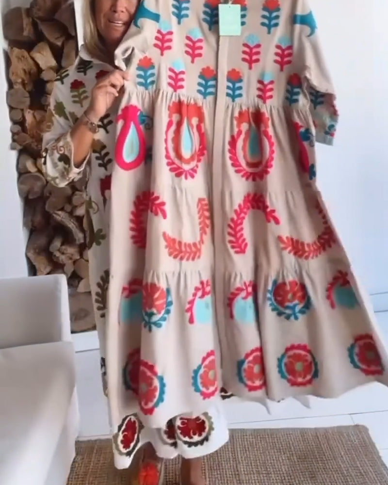 Robe femme midi imprimé floral graphique à col revers – style fluide été