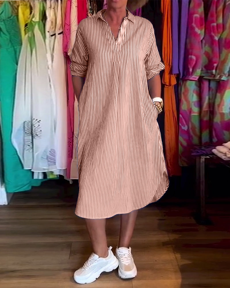 Robe femme chemise rayée fluide col revers manches longues élégante casual